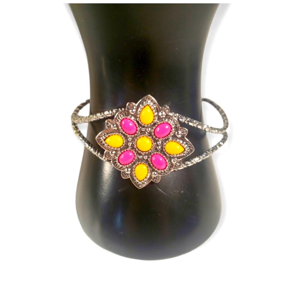 Beautiful Hot Pink & Orange Stone Silver tone Cuff Bracelet